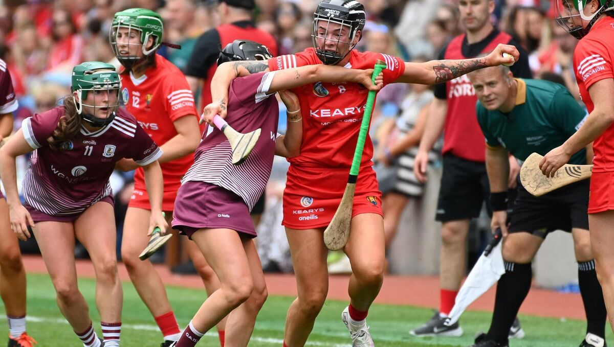 Cork's Ashling Thompson is tackled by Galway's Aoife Donoghue during the Glen Dimplex All-Ireland senior camogie final at Croke Park.    Picture: Eddie O'Hare