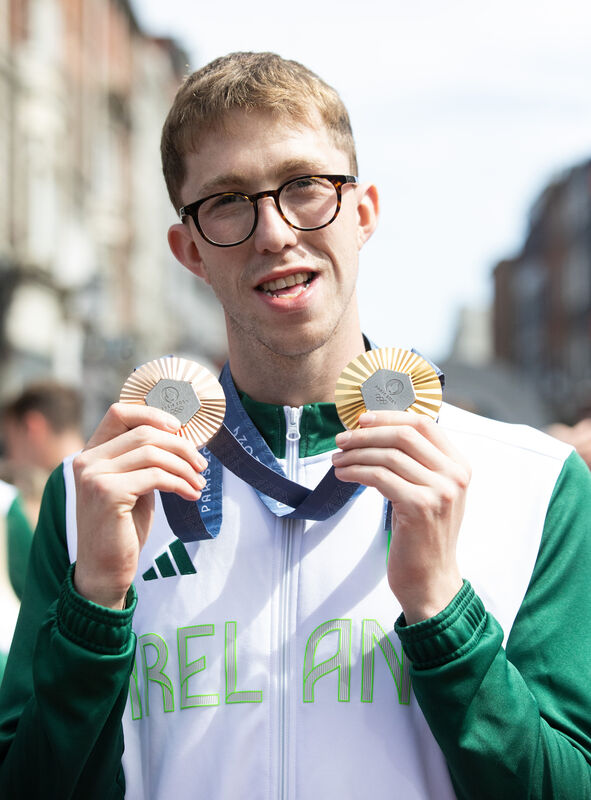 Olympic Gold and bronze medal winner Daniel Wiffen during the official homecoming for the Irish Olympic team on O'Connell Street, Dublin. Photo: Gareth Chaney Olympic Gold and bronze medal winner Daniel Wiffen during the official homecoming for the Irish Olympic team on O'Connell Street, Dublin. Photo: Gareth Chaney