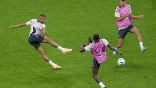 <p>DEBUT ON WEDNESDAY: Real Madrid's Kylian Mbappe takes part in a training session ahead of the UEFA Super Cup Final. Pic: AP Photo/Darko Vojinovic.</p>