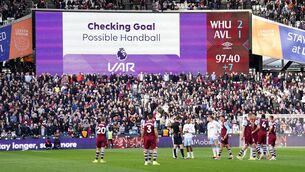 <p>A VAR check for possible handball during Aston Villa's Premier League match against West Ham. Picture: Mike Egerton/PA Wire.</p>