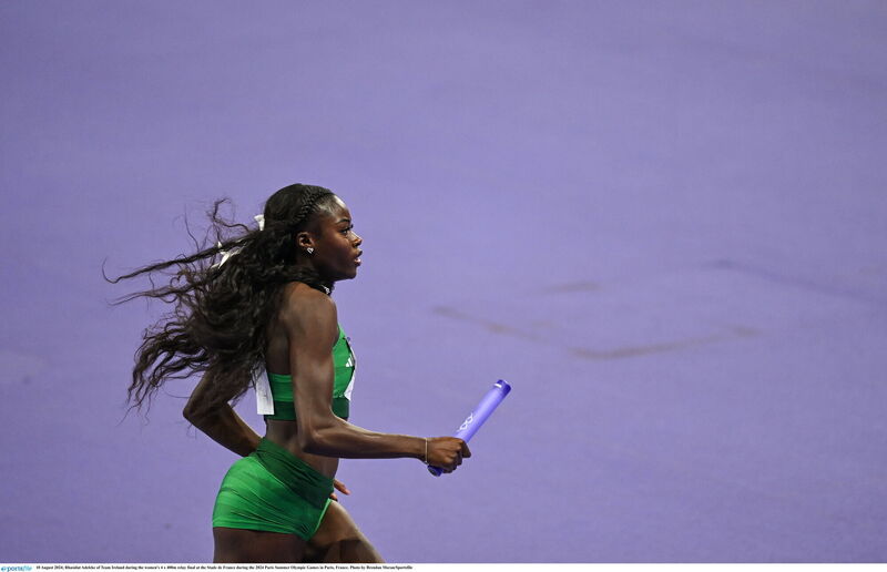 Rhasidat Adeleke of running in the women's 4 x 400m relay final at the Paris Olympic Games. Picture: Brendan Moran/Sportsfile Rhasidat Adeleke of running in the women's 4 x 400m relay final at the Paris Olympic Games. Picture: Brendan Moran/Sportsfile