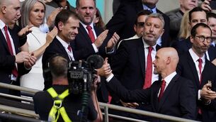 <p>HIERARCHY: Manchester United's Dan Ashworth embraces Manchester United manager Erik ten Hag (right) after the FA Community Shield match at Wembley Stadium. Pic: Nick Potts/PA Wire.</p>