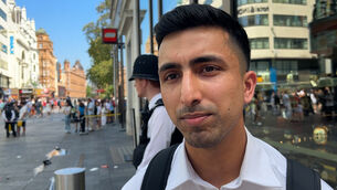 <p>Security guard Abdullah, 29, who works at TWG Tea shop at the scene in Leicester Square, London Picture: Eleanor Cunningham/PA</p>