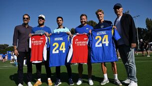 <p>LA STORY: Josh Kroenke, LA Rams wide receiver Cooper Kupp, Arsenal Manager Mikel Arteta, LA Rams Head Coach Sean McVay, Arsenal midfielder Martin Odegaard, and Los Angeles Rams' owner Stan Kroenke during the "Football Meets Football" Youth Clinic at the LA Rams NFL training camp. Pic: PATRICK T. FALLON/AFP via Getty Images</p>