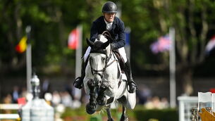 <p>AGA KHAN: Shane Sweetnam of Ireland competing on Otis Blue. Picture: David Fitzgerald/Sportsfile</p>
