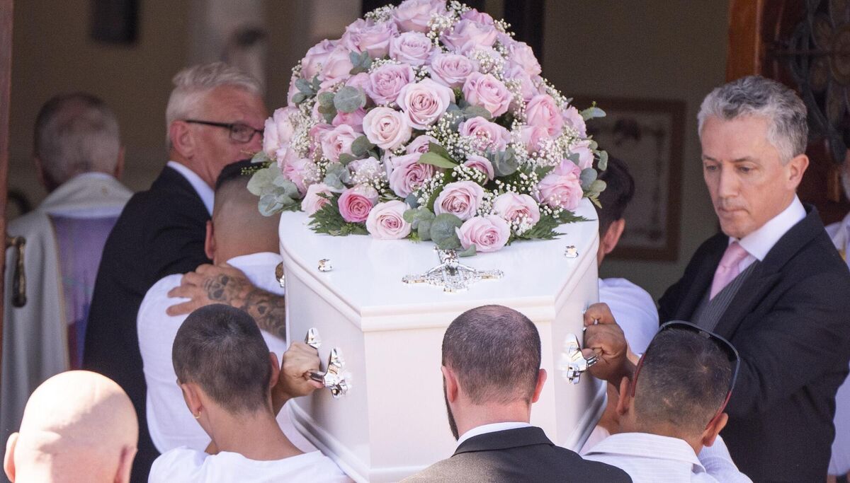 The coffin of stabbing victim Alice da Silva Aguiar, 9, is carried into St Patrick's Church, Southport, England. Picture: Danny Lawson/PA 