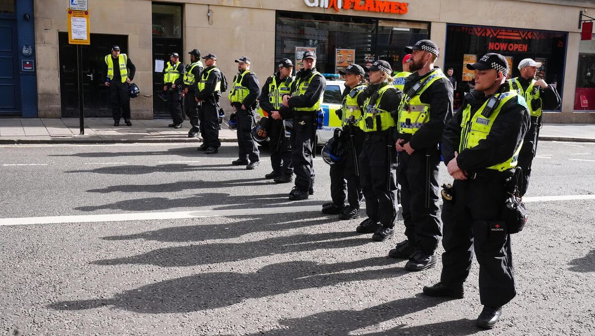 Police officers in Newcastle, England, ahead of a far-right demonstration. Picture: PA