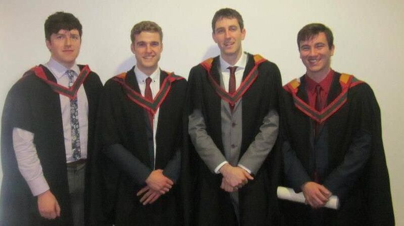 From left, James O'Donnell, Eoin French, Richie Fenton, and Eoin O'Dwyer, the four members of Hush War Cry, graduating from their architecture course in UCC in 2012. 