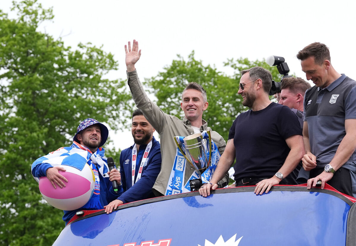 Ipswich Town manager Kieran McKenna during an open-top bus parade in Ipswich to celebrate promotion to the Premier League. Picture: Gareth Fuller/PA Wire. Ipswich Town manager Kieran McKenna during an open-top bus parade in Ipswich to celebrate promotion to the Premier League. Picture: Gareth Fuller/PA Wire.
