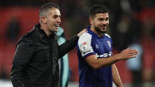 <p>Ipswich manager Kieran McKenna and Sam Morsy celebrate after the team's Championship victory</p>