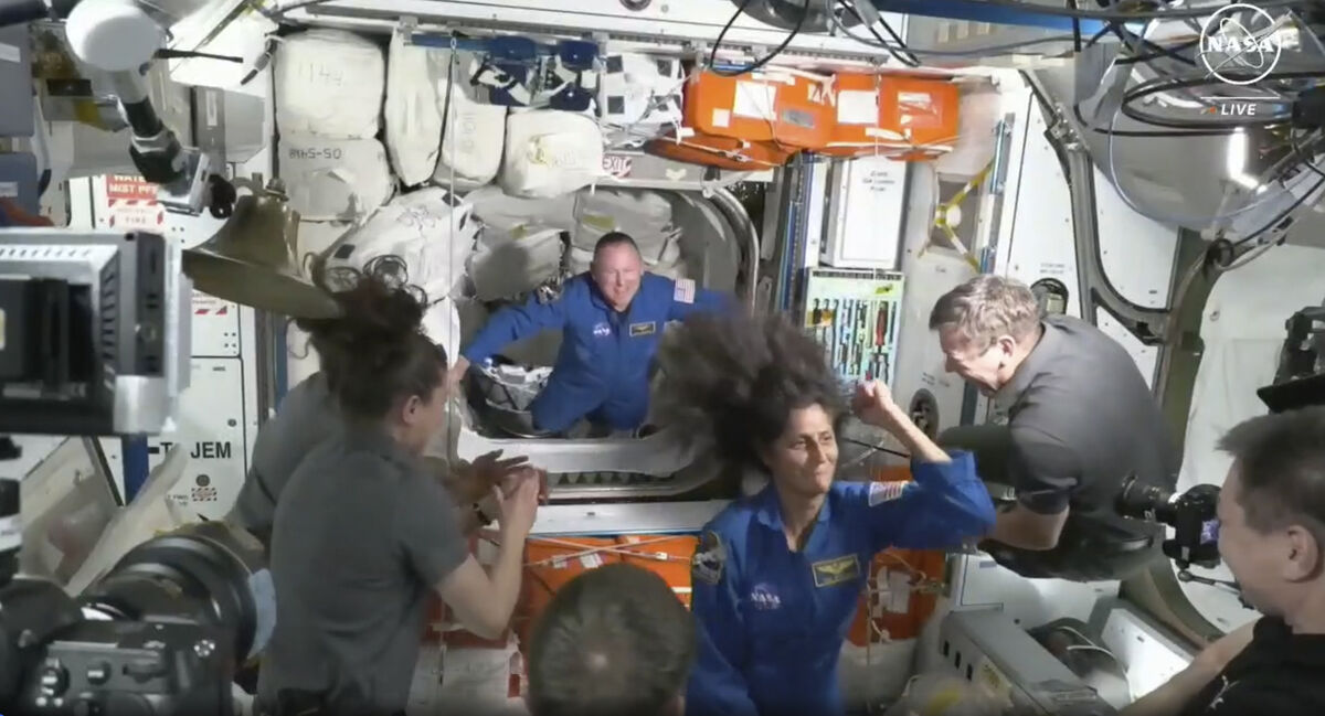 Nasa astronauts Butch Wilmore and Suni Williams are welcomed by the crew of the International Space Station upon their arrival using the Boeing Starliner spacecraft on June 6, 2024. There is now debate about the safety of Starliner after it experienced helium leaks and thruster problems on its way to the ISS. File photo: Nasa via AP