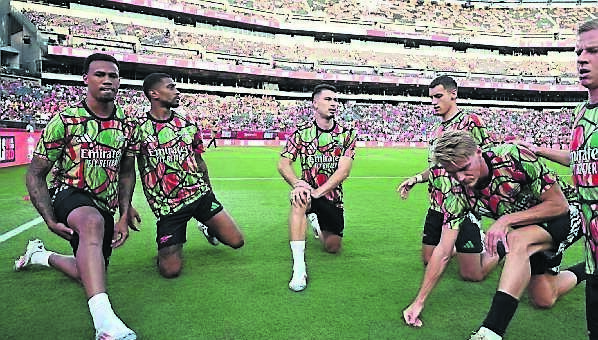 STUMBLE ON GAME: (L-R) Gabriel, Reiss Nelson, Gabriel Martinelli, Jakub Kiwior, Martin Odegaard and Oleksandr Zinchenko of Arsenal before a pre season friendly between Arsenal and Liverpool. Picture: Stuart MacFarlane/Arsenal FC via Getty Images STUMBLE ON GAME: (L-R) Gabriel, Reiss Nelson, Gabriel Martinelli, Jakub Kiwior, Martin Odegaard and Oleksandr Zinchenko of Arsenal before a pre season friendly between Arsenal and Liverpool. Picture: Stuart MacFarlane/Arsenal FC via Getty Images