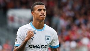 <p>Mason Greenwood celebrates after scoring Marseille’s first goal against Brest. Picture: FRED TANNEAU / AFP</p>