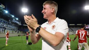 <p>St Patrick's Athletic manager Stephen Kenny celebrates his side's victory in the UEFA Conference League third qualifying round second leg match against Sabah. Pic: Ehtiram Jabi/Sportsfile</p>