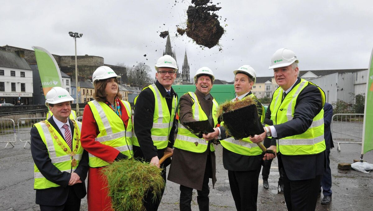 Taoiseach Enda Kenny turning the sod on the €50m Cork Event Centre with Lord Mayor of Cork Cllr Chris O'Leary; Tánaiste Joan Burton, Minister for Agriculture, Food, the Marine and Defence Simon Coveney; CEO of live Nation Ireland Mike Adamson; and BAM Ireland CEO Theo Cullinane.