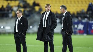 <p>Head coach Scott Robertson and former attack coach Leon MacDonald look on during the International Test match between New Zealand All Blacks and Argentina. Pic: Hagen Hopkins/Getty Images</p>