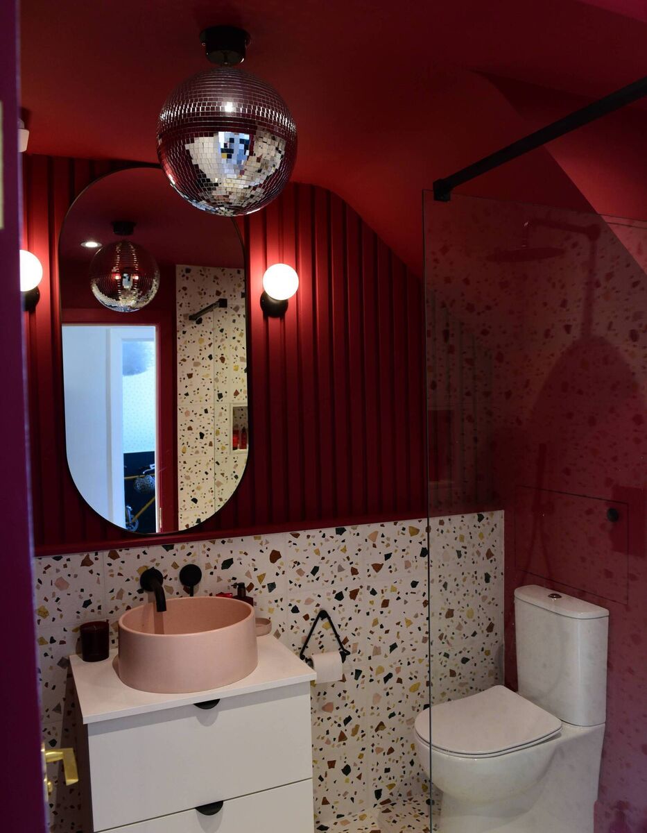 The glitterball makes a strong statement in the downstairs bathroom at Jennifer Sheahan's Dublin home. Picture: Moya Nolan