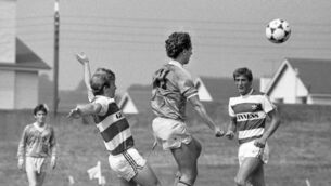 <p>THE START OF IT: Avondale's Jerry Collins heads clear of Cork City players Barry Heiland and Donal Donovan in the Munster Senior Cup back in 1984.</p>