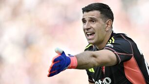 <p class="contextmenu internal_Caption">BIG PERSONA: Emiliano Martinez of Aston Villa gestures during the Premier League match between West Ham United and Aston Villa.</p>