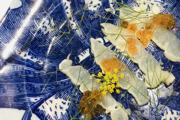 Crudo with Salmon Eggs and Fennel Flowers