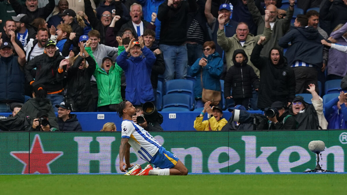 Brighton &amp; Hove Albion's Joao Pedro celebrates scoring the winner. Pic: Gareth Fuller/PA Wire.