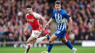 <p>RETURN CLOSE: Arsenal's Declan Rice (left) and Brighton and Hove Albion's Evan Ferguson battle for the ball. Pic: Nick Potts/PA Wire</p>