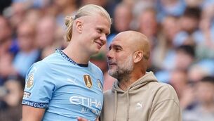 <p>ATTA BOY: Manchester City's Erling Haaland (left) is substituted and embraces manager Pep Guardiola during the Premier League match at the Etihad Stadium, Manchester. Pic: PA Wire</p>