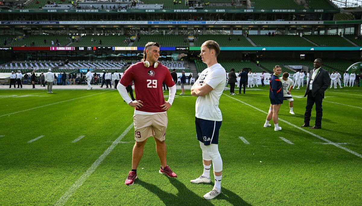 HOME TURF: Florida State Seminoles punter Alex Mastromanno, left, and Georgia Tech Yellow Jackets punter David Shanahan from Kerry before the 2024 Aer Lingus College Football Classic match between Florida State and Georgia Tech at the Aviva Stadium in Dublin. Pic: Brendan Moran/Sportsfile HOME TURF: Florida State Seminoles punter Alex Mastromanno, left, and Georgia Tech Yellow Jackets punter David Shanahan from Kerry before the 2024 Aer Lingus College Football Classic match between Florida State and Georgia Tech at the Aviva Stadium in Dublin. Pic: Brendan Moran/Sportsfile