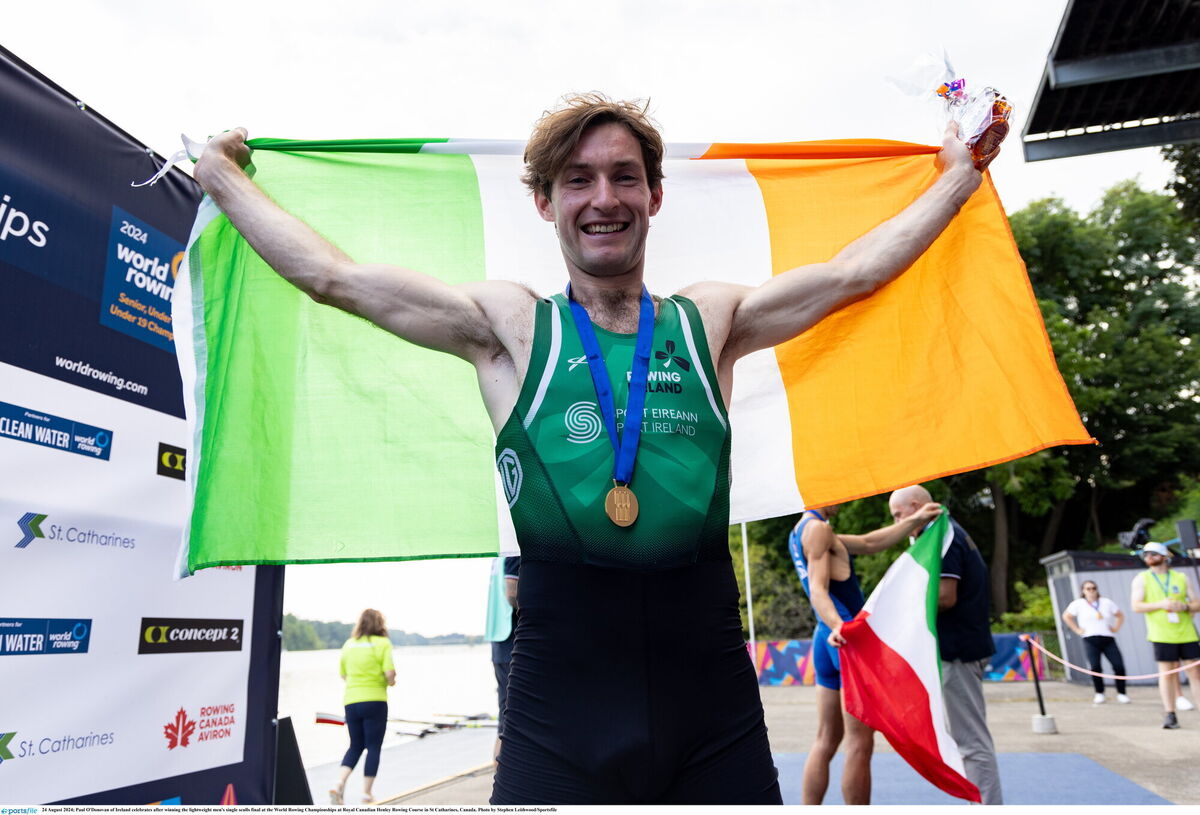 HOW SWEET IT IS: Paul O'Donovan of Ireland celebrates after winning the lightweight men's single sculls final at the World Rowing Championships at Royal Canadian Henley Rowing Course in St Catharines, Canada. Photo by Stephen Leithwood/Sportsfile