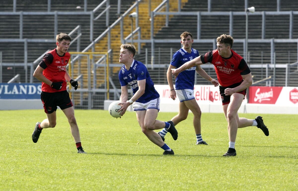  Daire Cleary of Laune Rangers breaks away from Cian O'Shea of Fossa during the Kerry IFC semi-final at Fitzgerald Stadium. Picture: Don MacMonagle