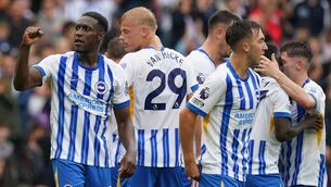 <p>Brighton &amp; Hove Albion's Danny Welbeck (left) celebrates scoring their side's first goal against Man United. Photo: Gareth Fuller/PA Wire. </p>