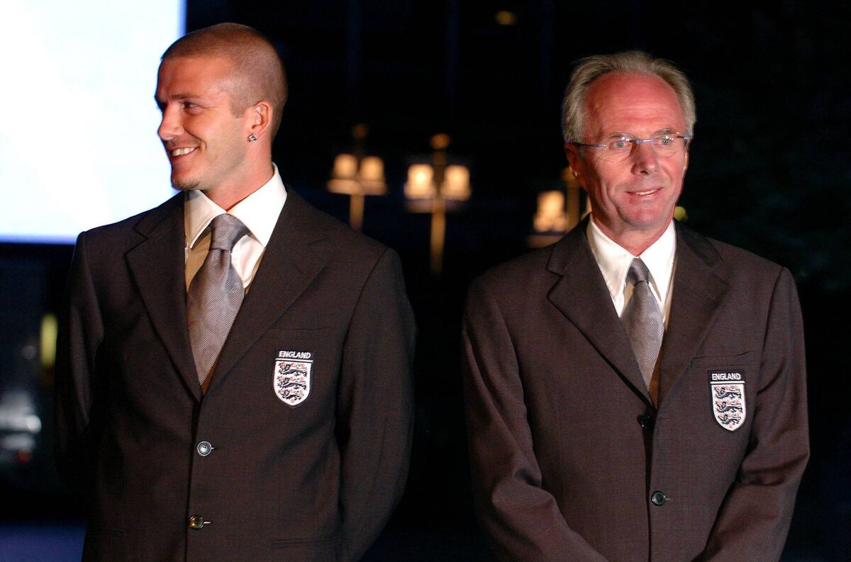 David Beckham and Sven-Göran Eriksson during Wembley Stadium Celebrates Topping of the New Arches at Wembley Stadium. Pic: J. Quinton/Getty Images.