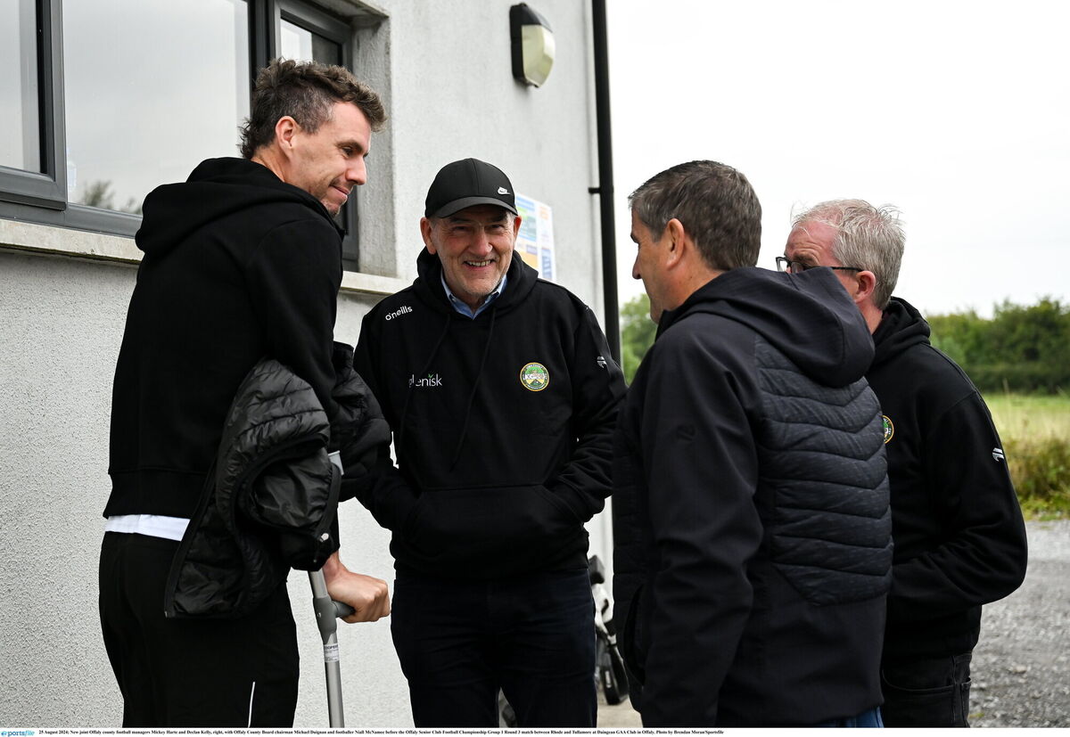 New joint Offaly county football managers Mickey Harte and Declan Kelly County Board chairman Michael Duignan and footballer Niall McNamee before the Offaly SFC game between Rhode and Tullamore. Picture: Brendan Moran/Sportsfile New joint Offaly county football managers Mickey Harte and Declan Kelly County Board chairman Michael Duignan and footballer Niall McNamee before the Offaly SFC game between Rhode and Tullamore. Picture: Brendan Moran/Sportsfile