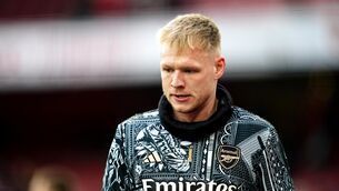<p>Arsenal goalkeeper Aaron Ramsdale warming up prior to kick-off in the Premier League match at the Emirates Stadium</p>