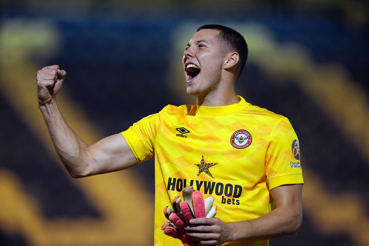 Brentford goalkeeper Hakon Rafn Valdimarsson celebrates