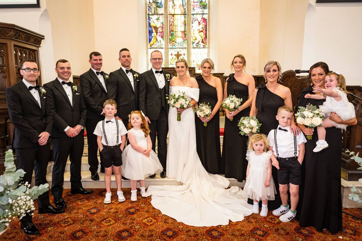 Emer Helen and Aidan Collins with their wedding party. Pictures: Dermot Sullivan