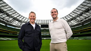 <p>NEW ERA: Head coach Heimir Hallgrimsson and assistant coach John O'Shea pose for a portrait before a Republic of Ireland squad announcement at the Aviva Stadium in Dublin. Picture: Stephen McCarthy/Sportsfile</p>