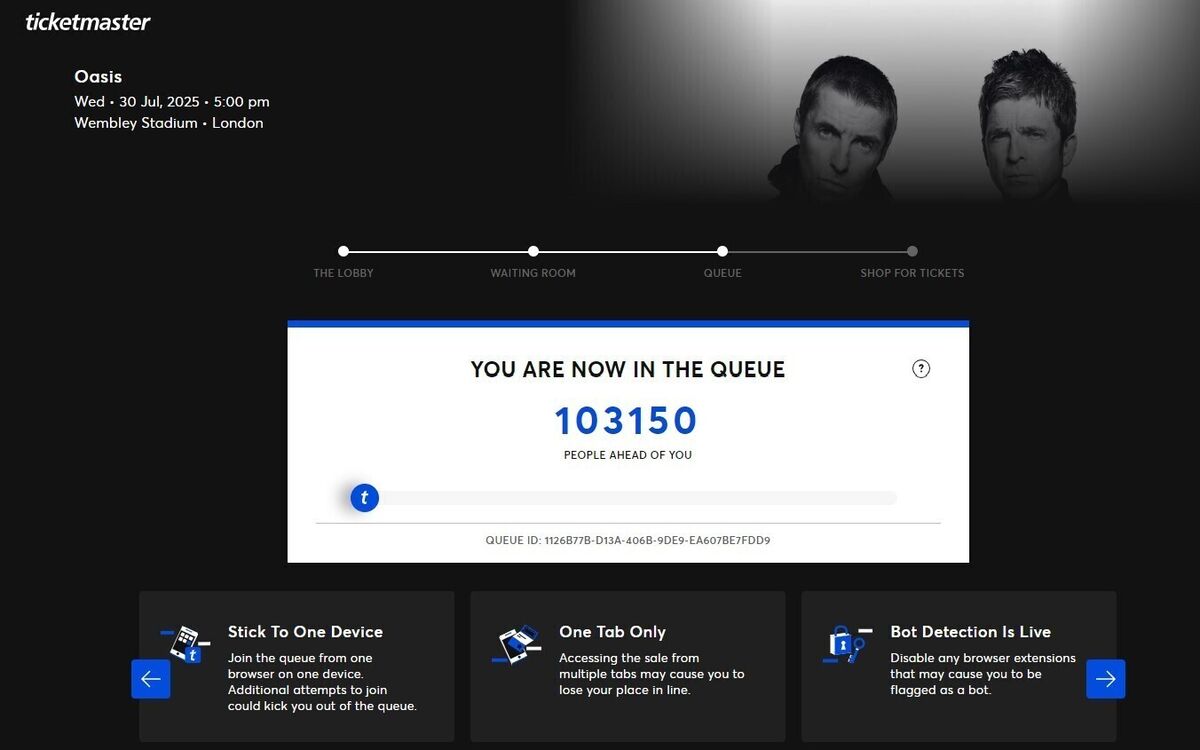 Screengrab taken from the ticketmaster.co.uk website at 0907 of the virtual waiting room for Oasis tickets Screengrab taken from the ticketmaster.co.uk website at 0907 of the virtual waiting room for Oasis tickets