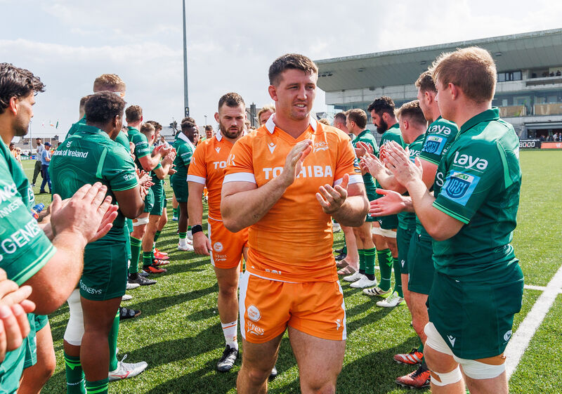 Sale’s Luke Cowan-Dickie and Ben Curry after the game. Pic: ©INPHO/James Crombie