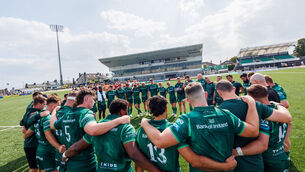 <p>The Connacht team huddle after the game. Pic: ©INPHO/James Crombie</p>