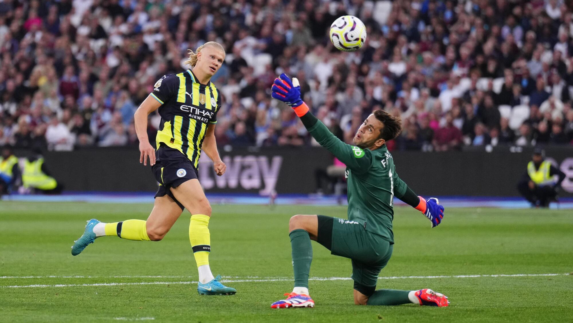Manchester City's Erling Haaland (left) scores their side's third goal of the game to complete his hat-trick. Pic: John Walton/PA Wire. 