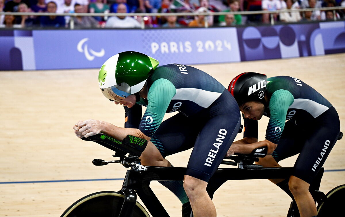 Katie George Dunlevy, right, and pilot Eve McCrystal of Ireland in action during the women's B 3000m individual pursuit qualifying race Photo by Harry Murphy/Sportsfile Katie George Dunlevy, right, and pilot Eve McCrystal of Ireland in action during the women's B 3000m individual pursuit qualifying race Photo by Harry Murphy/Sportsfile