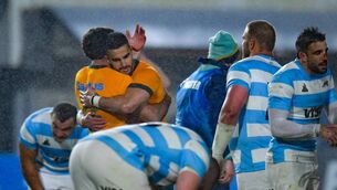 <p>Ben Donaldson of Australia celebrates with a teammate after winning the Rugby Championship 2024 match between Argentina and Australia at Estadio UNO Jorge Luis Hirschi. (Photo by Marcelo Endelli/Getty Images)</p>