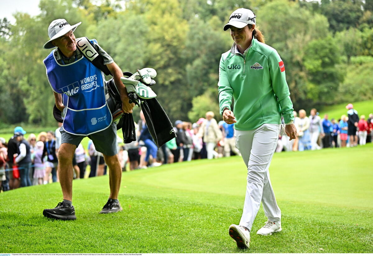 Leona Maguire of Ireland and caddie Verners Tess on the 16th green during the final round of the KPMG Women’s Irish Open at Carton House Golf Club in Maynooth, Kildare. Photo by Sam Barnes/Sportsfile