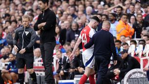 <p>MARCHING ORDERS: Arsenal's Declan Rice leaves the field after being shown a red card. Pic:  Nick Potts/PA Wire.</p>