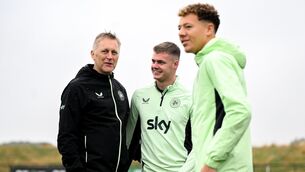 <p>START OF TERM: Head coach Heimir Hallgrimsson with Evan Ferguson and Kasey McAteer, right at the FAI National Training Centre in Abbotstown on Monday. Pic: Stephen McCarthy/Sportsfile</p>