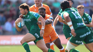 <p>Connacht new boy Piers O'Conor and Tumy Onasanya of Sale. Pic: James Crombie/Inpho</p>