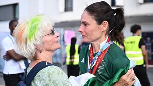 <p>Katie George Dunlevy of Ireland celebrate with her mother Alana after winning silver in the women's B 3000m individual pursuit. Photo by Harry Murphy/Sportsfile</p>