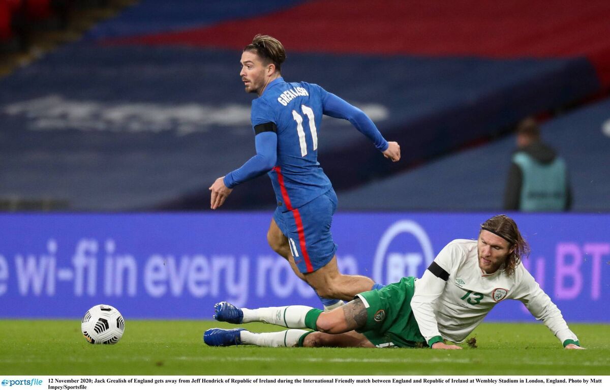 Jack Grealish of England gets away from Jeff Hendrick of Ireland during a 2020 friendly at Wembley. Photo by Matt Impey/Sportsfile