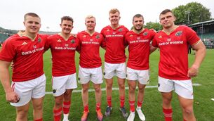 <p>Munster's Luca Cleary, Billy Burns, Brian Fitzgerald, Conor Ryan, Diarmuid Kilgallen and Tom Farrell after the pre-season friendly against Bath. Picture: ©INPHO/Billy Stickland</p>